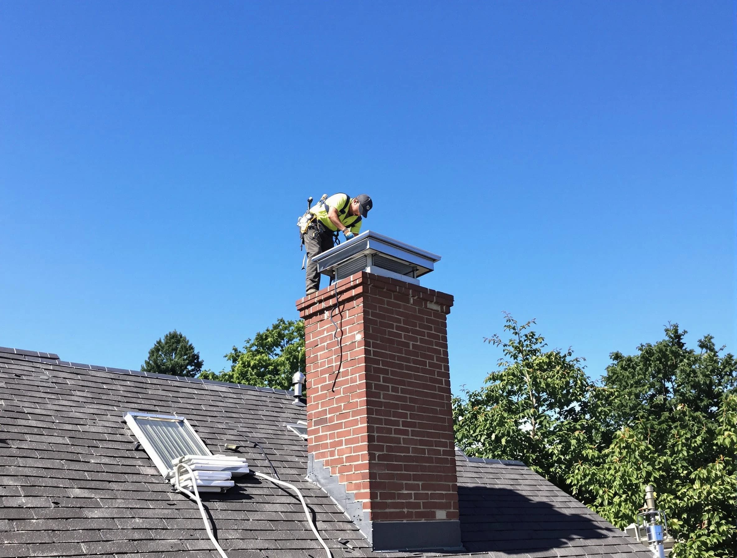 Westford Chimney Sweep technician measuring a chimney cap in Westford, MA