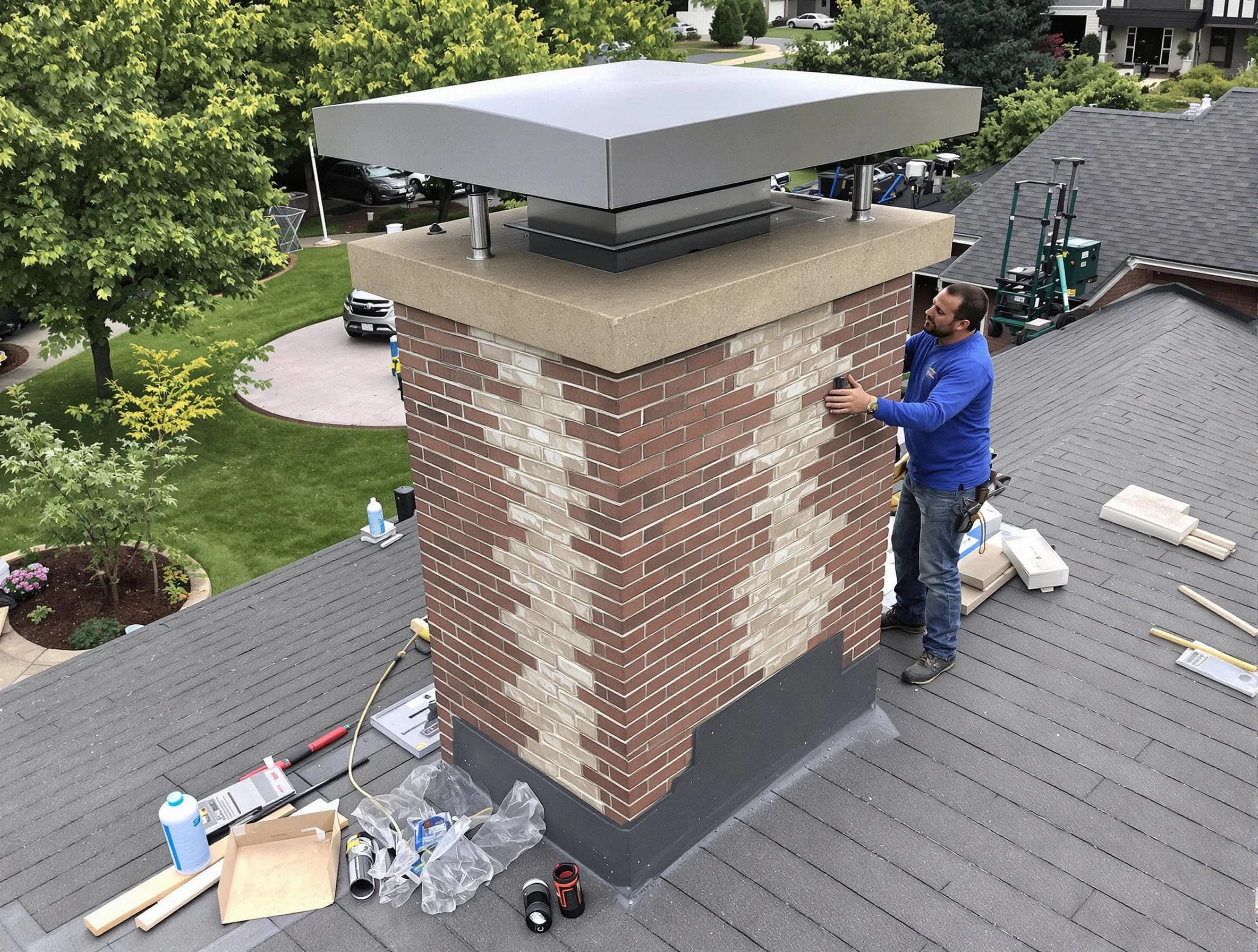 Westford Chimney Sweep team working on a custom chimney remodel in Westford, MA