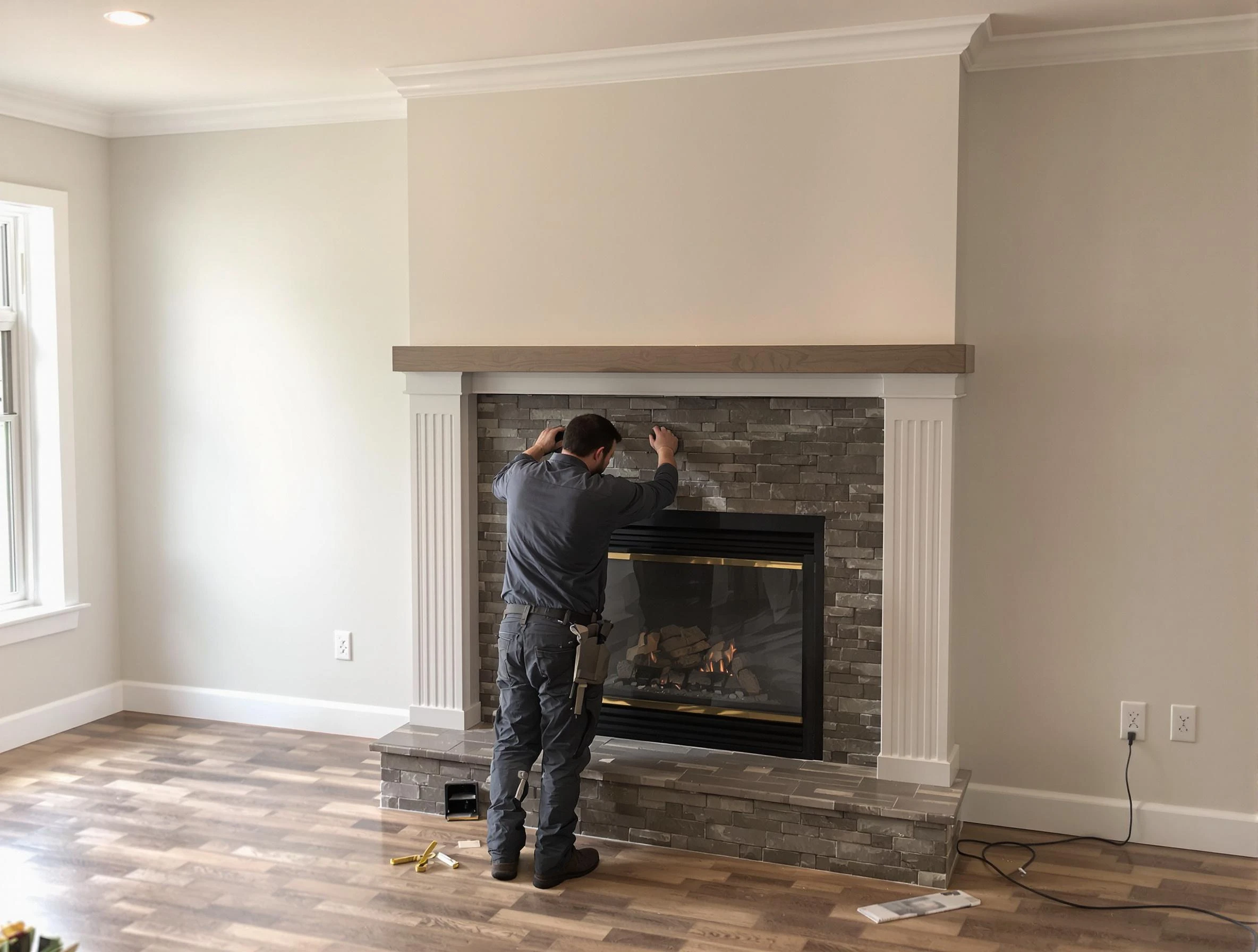 Westford Chimney Sweep finishing a custom fireplace install in Westford, MA
